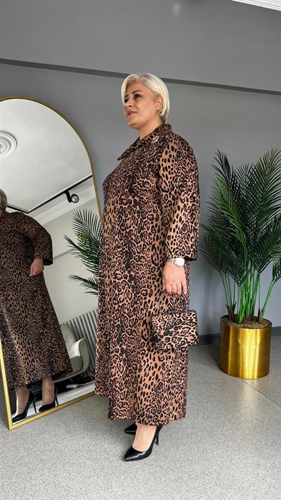 Selma Büyük Beden Degaje Yaka Leopar Elbise