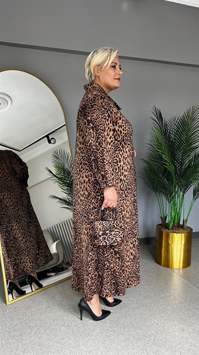 Selma Büyük Beden Degaje Yaka Leopar Elbise