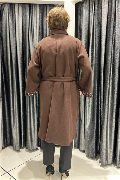 Selma Büyük Beden Dekoratif Kol Detaylı Kuşaklı Kaban