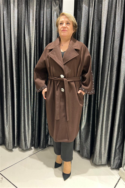 Selma Büyük Beden Dekoratif Kol Detaylı Kuşaklı Kaban