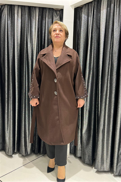 Selma Büyük Beden Dekoratif Kol Detaylı Kuşaklı Kaban