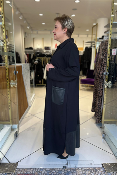 Selma Büyük Beden Deri Cep Detaylı Kap Elbise