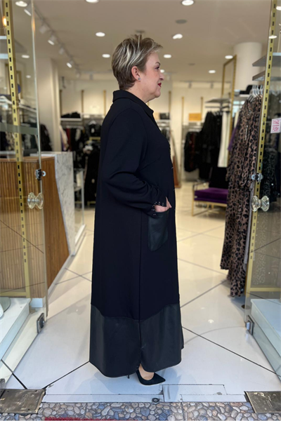 Selma Büyük Beden Deri Cep Detaylı Kap Elbise