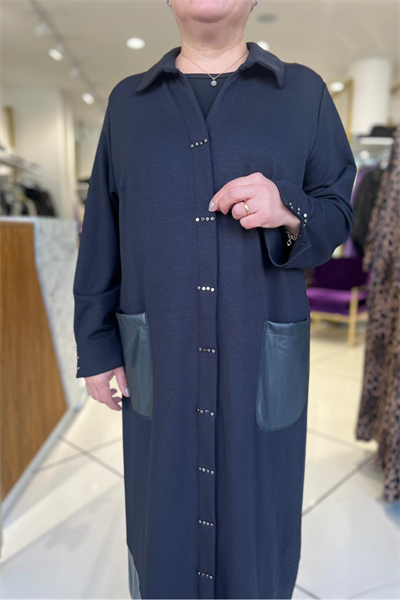 Selma Büyük Beden Deri Cep Detaylı Kap Elbise