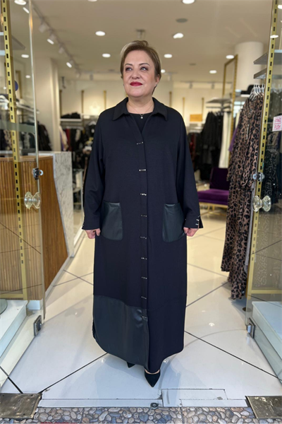 Selma Büyük Beden Deri Cep Detaylı Kap Elbise