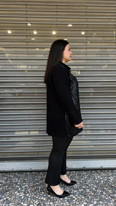 Selma Büyük Beden Deri Detaylı Siyah Tunik