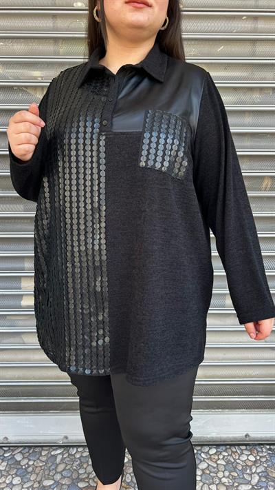 Selma Büyük Beden Deri Detaylı Siyah Tunik