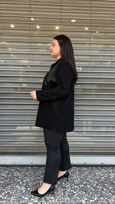 Selma Büyük Beden Deri Detaylı Siyah Tunik