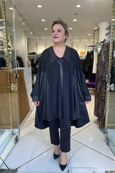 Selma Büyük Beden Deri Detaylı Siyah Tunik Gömlek