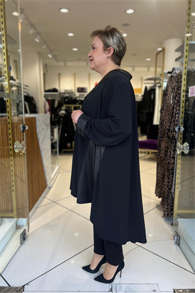 Selma Büyük Beden Deri Detaylı Siyah Tunik Gömlek