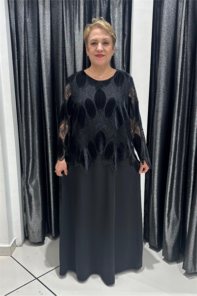 Selma Büyük Beden Desenli Kadife Üstlü Tek Parça Saten Elbise