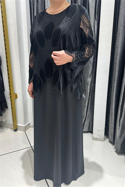 Selma Büyük Beden Desenli Kadife Üstlü Tek Parça Saten Elbise