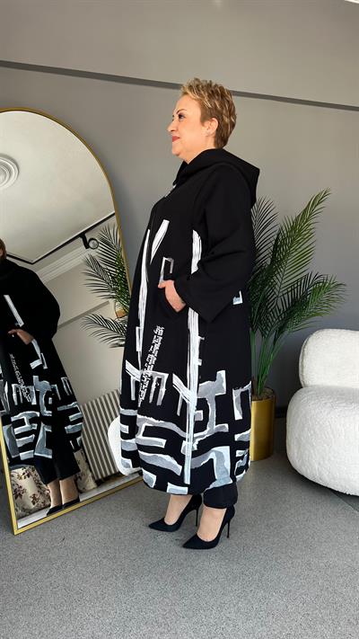 Selma Büyük Beden Desenli Kapüşonlu Hırka