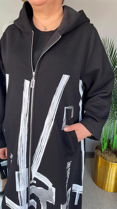 Selma Büyük Beden Desenli Kapüşonlu Hırka