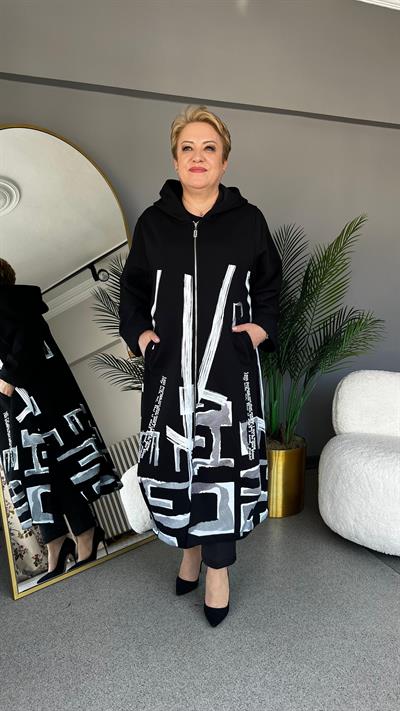 Selma Büyük Beden Desenli Kapüşonlu Hırka