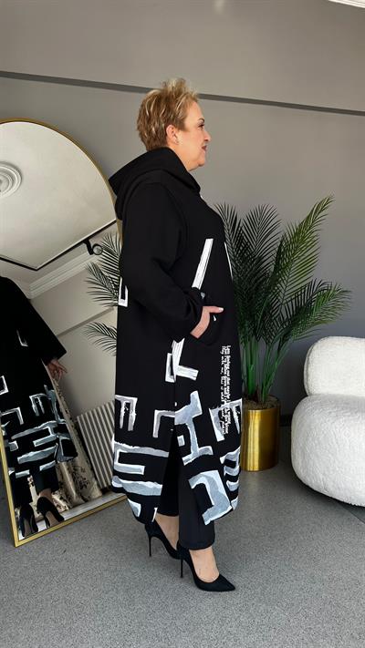 Selma Büyük Beden Desenli Kapüşonlu Hırka