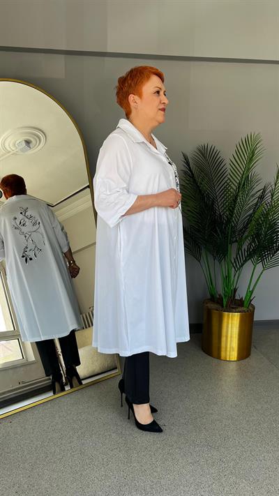Selma Büyük Beden Desenli Poplin Gömlek Elbise