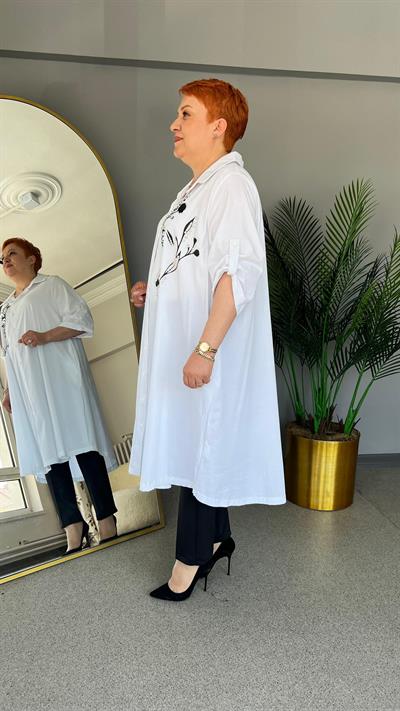 Selma Büyük Beden Desenli Poplin Gömlek Elbise