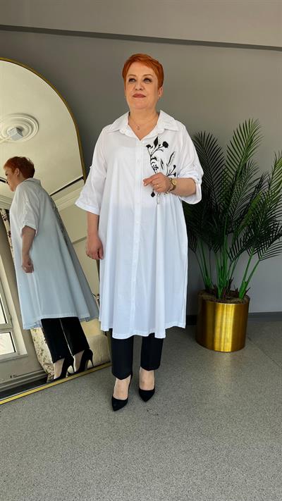 Selma Büyük Beden Desenli Poplin Gömlek Elbise