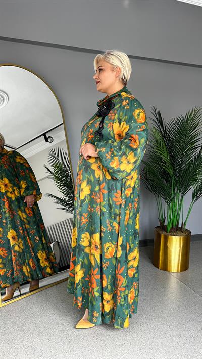 Selma Büyük Beden Dijital Çiçek Baskılı Saten Elbise