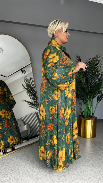 Selma Büyük Beden Dijital Çiçek Baskılı Saten Elbise