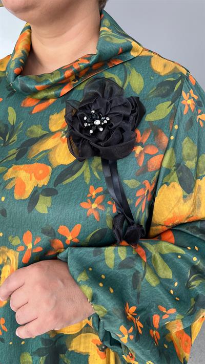 Selma Büyük Beden Dijital Çiçek Baskılı Saten Elbise