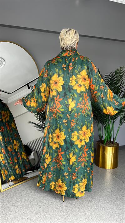 Selma Büyük Beden Dijital Çiçek Baskılı Saten Elbise