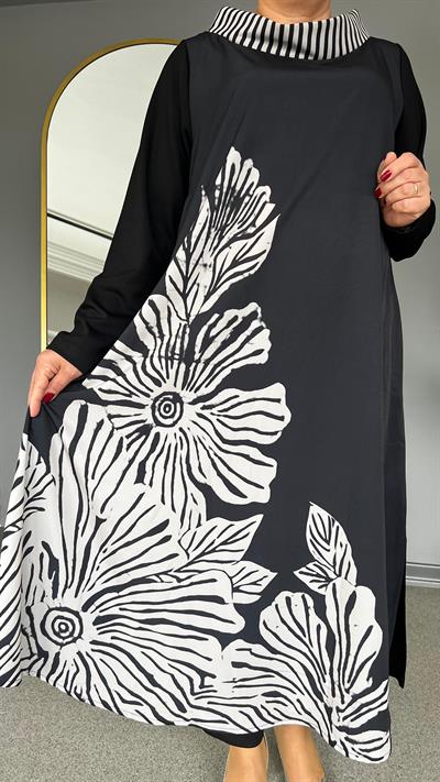 Selma Büyük Beden Dijital Yaprak Baskılı Elbise