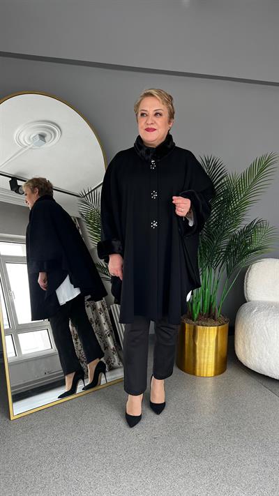 Selma Büyük Beden Dik Kürk Yakalı Pelerin/Panço