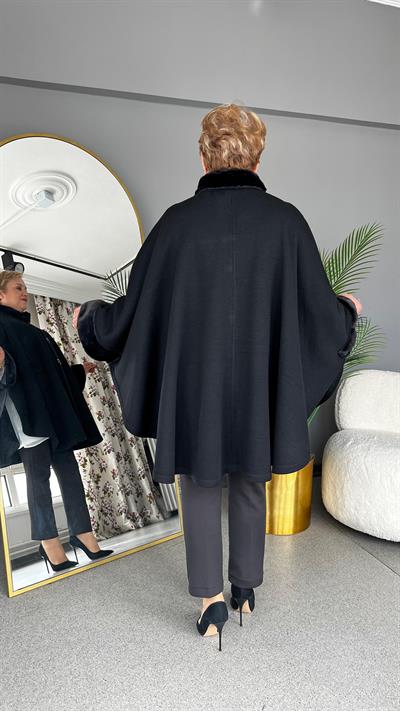 Selma Büyük Beden Dik Kürk Yakalı Pelerin/Panço