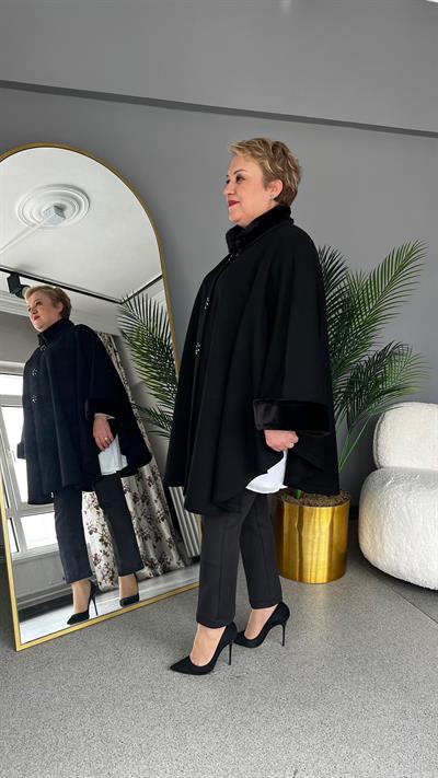 Selma Büyük Beden Dik Kürk Yakalı Pelerin/Panço