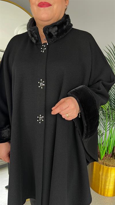 Selma Büyük Beden Dik Kürk Yakalı Pelerin/Panço