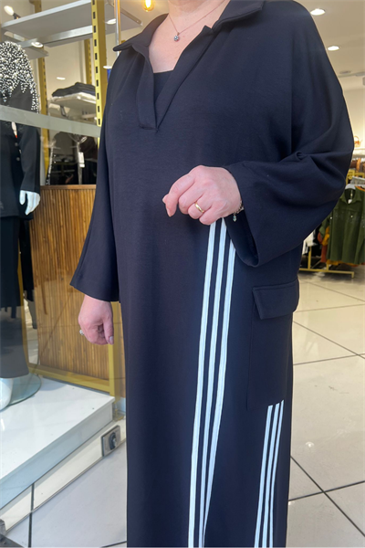 Selma Büyük Beden Dikey Çizgili Siyah Elbise