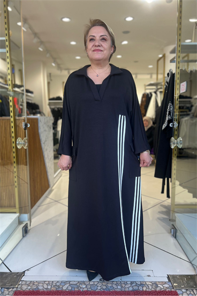 Selma Büyük Beden Dikey Çizgili Siyah Elbise