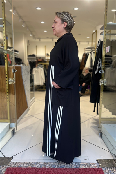 Selma Büyük Beden Dikey Çizgili Siyah Elbise