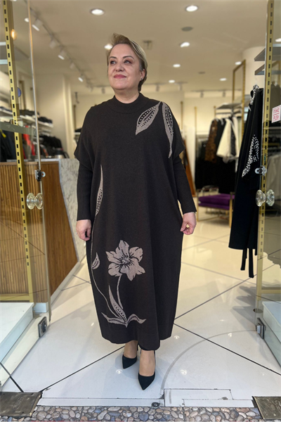 Selma Büyük Beden Doğal Desenli Uzun Elbise