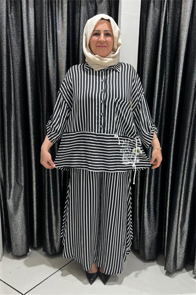 Selma Büyük Beden Düğmeli Çizgili İkili Takım