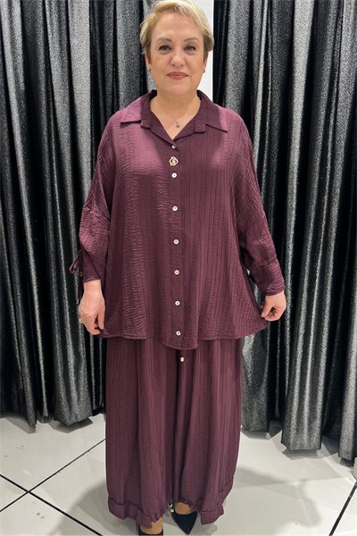 Selma Büyük Beden Düğmeli Gömlek ve Pantolon Takım