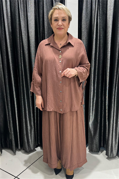 Selma Büyük Beden Düğmeli Gömlek ve Pantolon Takım