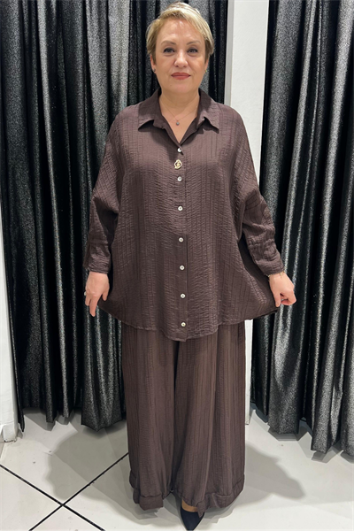 Selma Büyük Beden Düğmeli Gömlek ve Pantolon Takım