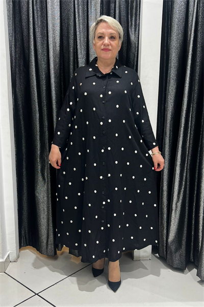 Selma Büyük Beden Düğmeli Polkadot Gömlek Elbise