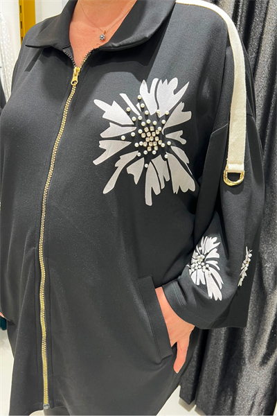 Selma Büyük Beden Fermuarlı Floral Desenli Ceket
