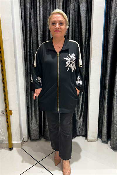 Selma Büyük Beden Fermuarlı Floral Desenli Ceket