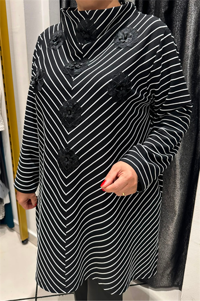 Selma Büyük Beden Floral Aplikeli Çelik Kumaş Tunik