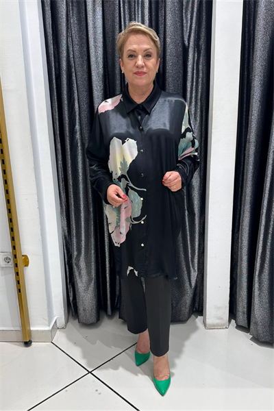 Selma Büyük Beden Floral Detaylı Pamuk Saten Gömlek