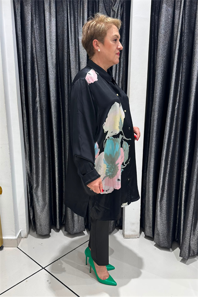 Selma Büyük Beden Floral Detaylı Pamuk Saten Gömlek