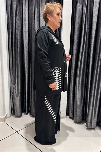 Selma Büyük Beden Geniş Paça Pantolonlu Çizgili Spor Takım