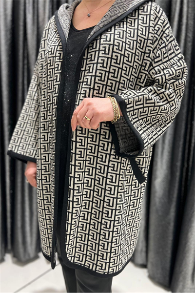 Selma Büyük Beden Geometrik Desenli Kapüşonlu Hırka