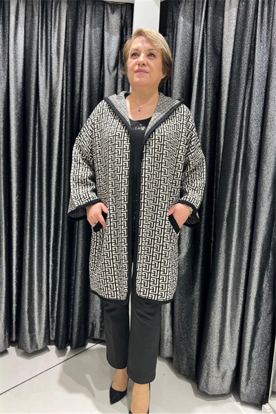 Selma Büyük Beden Geometrik Desenli Kapüşonlu Hırka