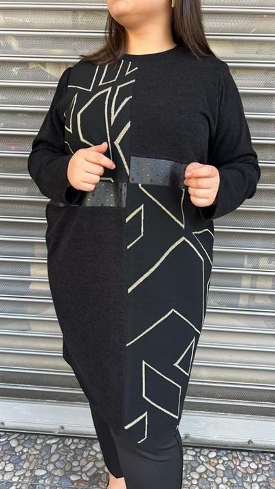 Selma Büyük Beden Geometrik Desenli Siyah Tunik